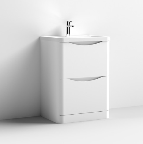 Nuie Lunar Satin White 600mm Floor Standing 2 Drawer Vanity Unit & Polymarble Basin